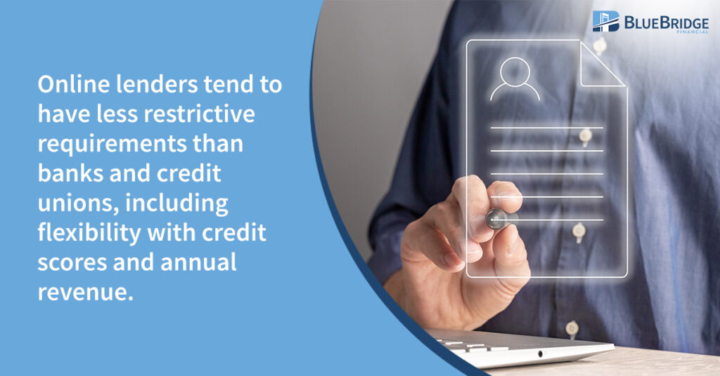 Online lenders tend to have less restrictive requirements than banks and credit unions, including flexibility with credit scores and annual revenue.