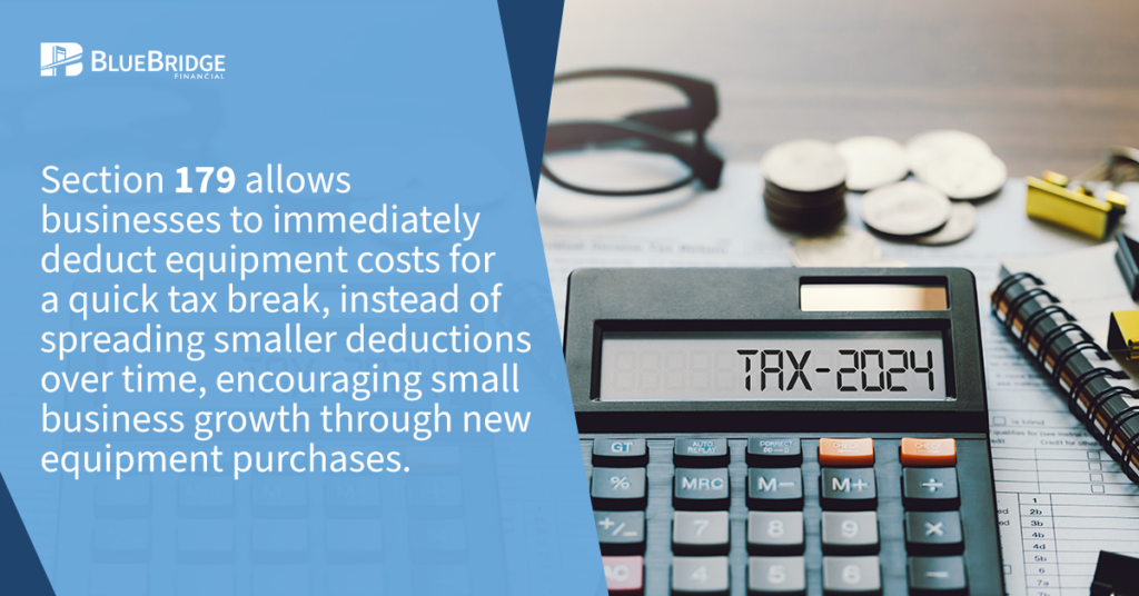 Section 179 allows businesses to immediately deduct equipment costs for a quick tax break, instead of spreading smaller deductions over time, encouraging small business growth through new equipment purchases.