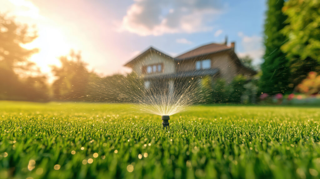 Lawn sprinkler spraying water across a vibrant green yard with a house and trees softly blurred in the background at sunset.