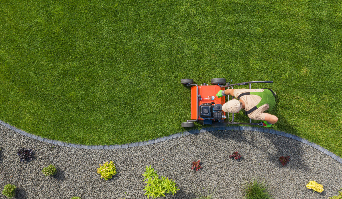 Top-down view of a landscaper mowing a green lawn with a red push mower next to a curved gravel garden bed with small plants