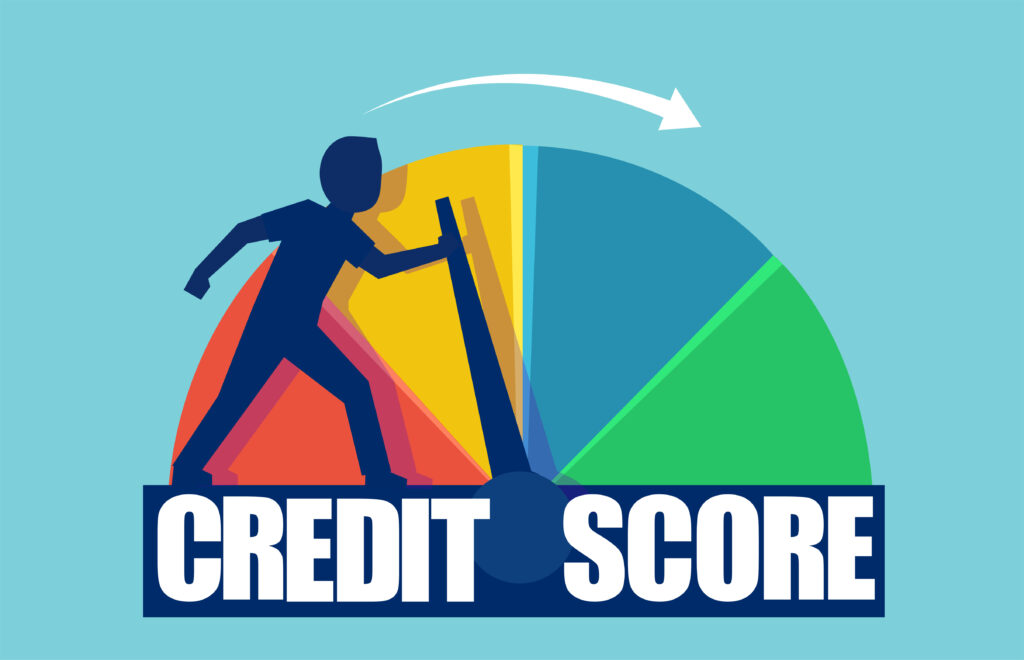 Vector of a businessman pushing scale changing credit information from poor to good.