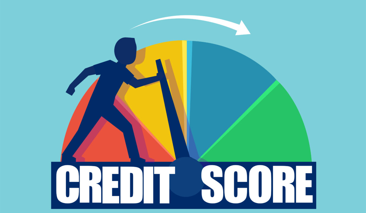 Vector of a businessman pushing scale changing credit information from poor to good.