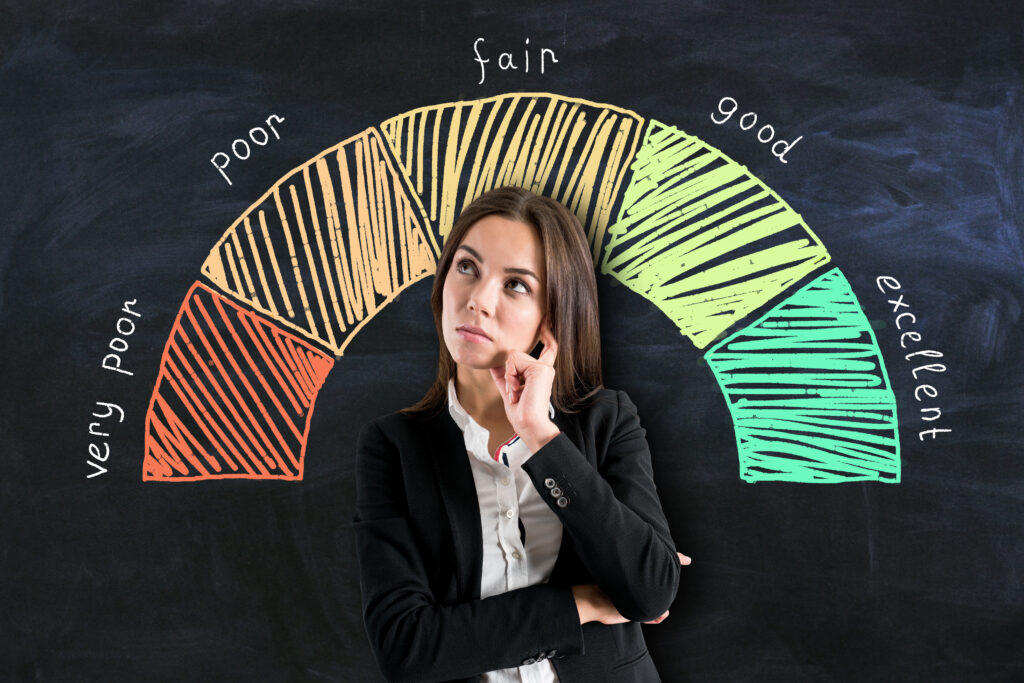Credit score gauge concept with pensive businesswoman on