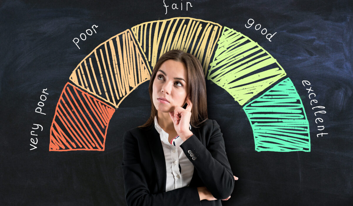 Credit score gauge concept with pensive businesswoman on