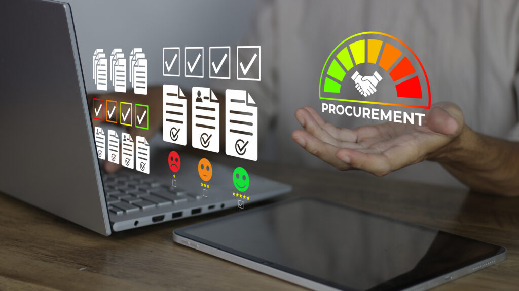 Digital procurement concept with checklist icons, approval documents, and a procurement gauge displayed near a laptop and tablet.