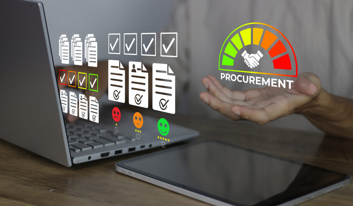 Digital procurement concept with checklist icons, approval documents, and a procurement gauge displayed near a laptop and tablet.