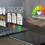 Digital procurement concept with checklist icons, approval documents, and a procurement gauge displayed near a laptop and tablet.